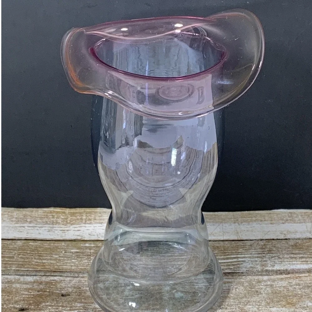 Hand Blown Art Glass Vase Pink Ruffled Fold Over Rim Clear Pedestal Base MCM